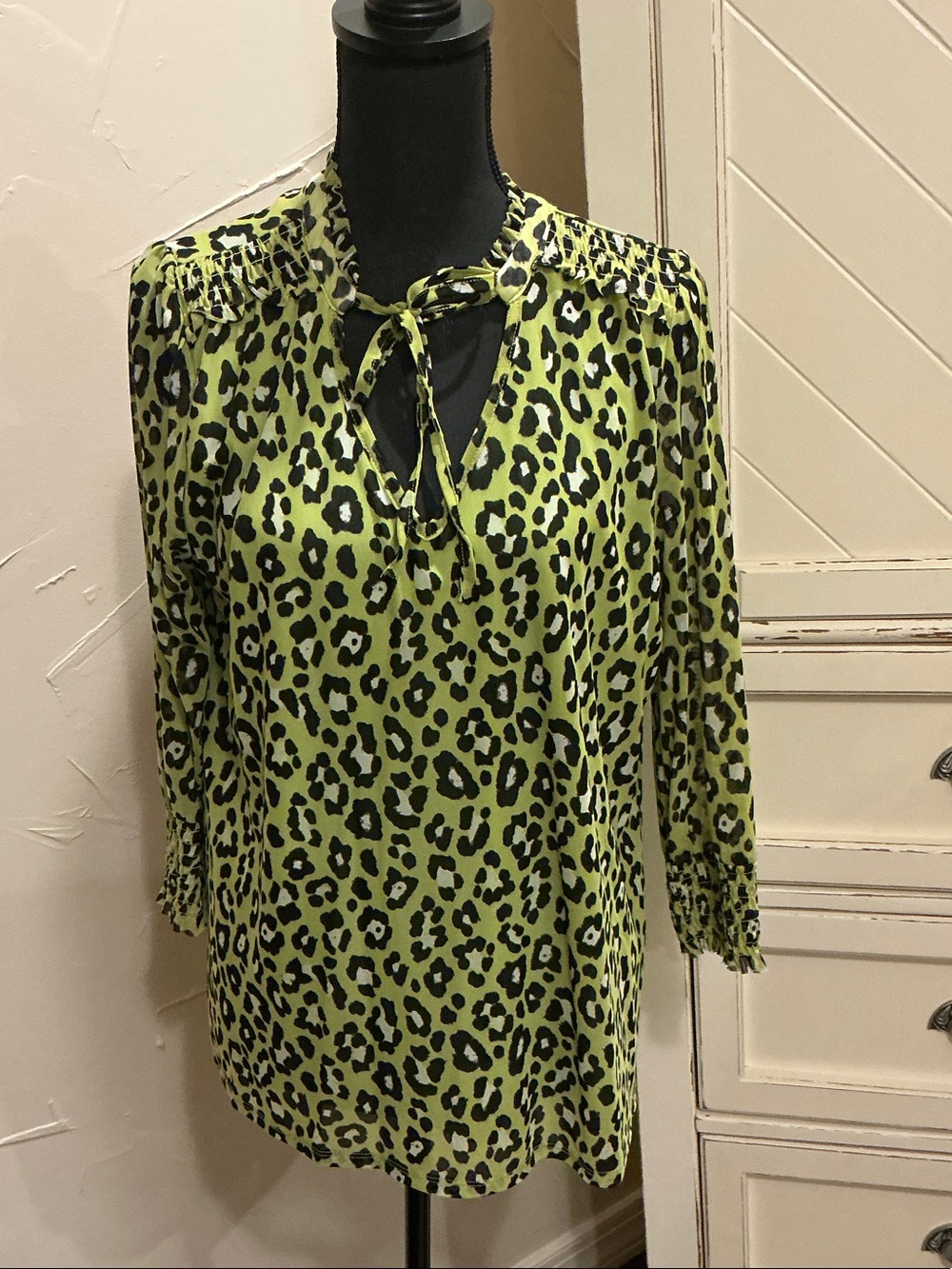 Cato Lime Green Leopard Tie-Neck Blouse